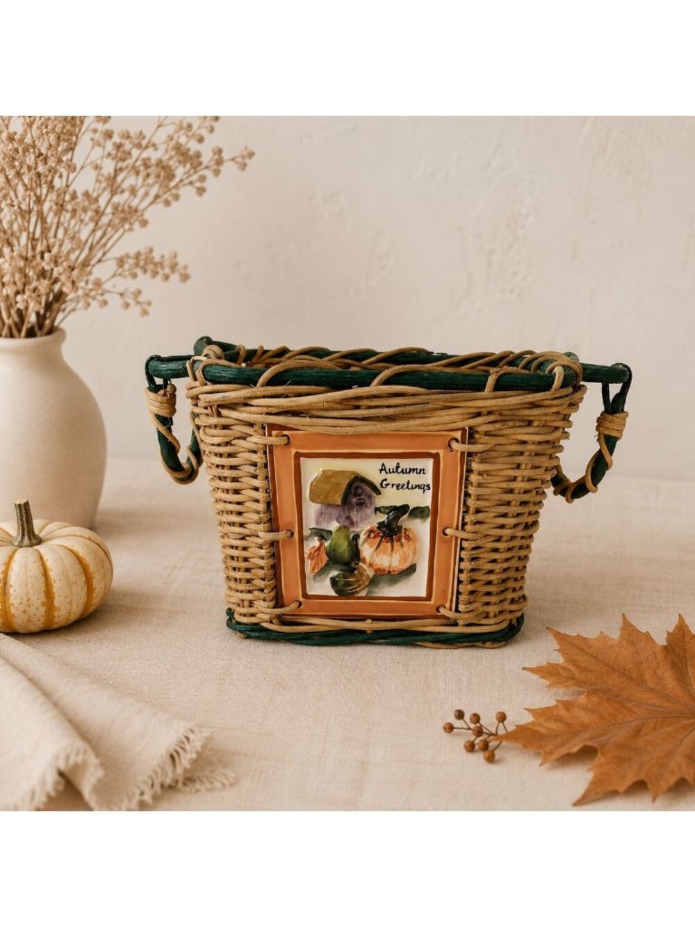 Vintage Autumn Greetings Wicker Basket Hand Painted Tile Cozy Harvest Decor